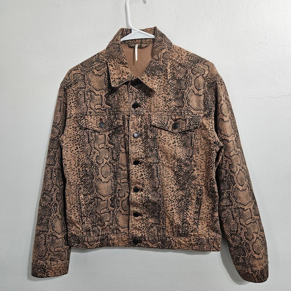 Free People Denim Snake Skin Brown Button Up Trucker Jacket Womens Size XS/S